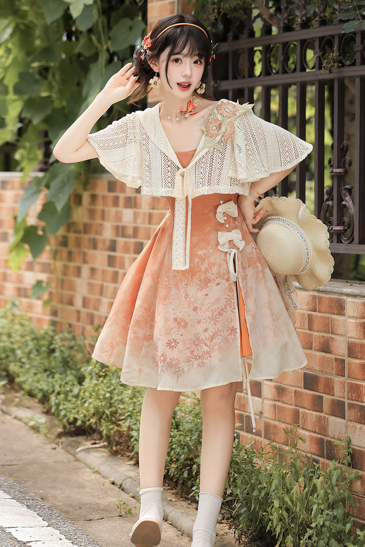 Orange Square Collar Sleeveless Chrysanthemum Printed Bow Lace-Up Asymmetric Sweet Chinese Inspired Lolita Jsk Dress Set - Product - 2