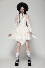 Beige Halter Off Shoulder Lapel Collar Long Flare Sleeves Lace-Up Women's Steampunk Dress - Product - 13