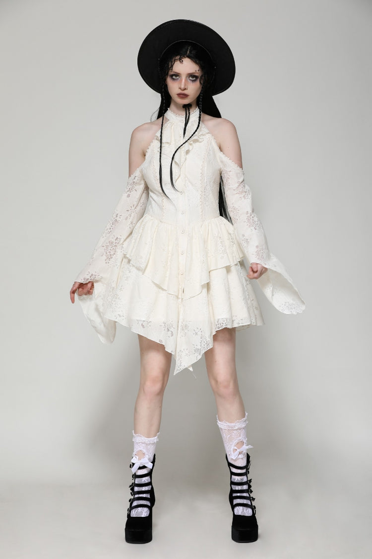 Beige Halter Off Shoulder Lapel Collar Long Flare Sleeves Lace-Up Women's Steampunk Dress - Product - 13