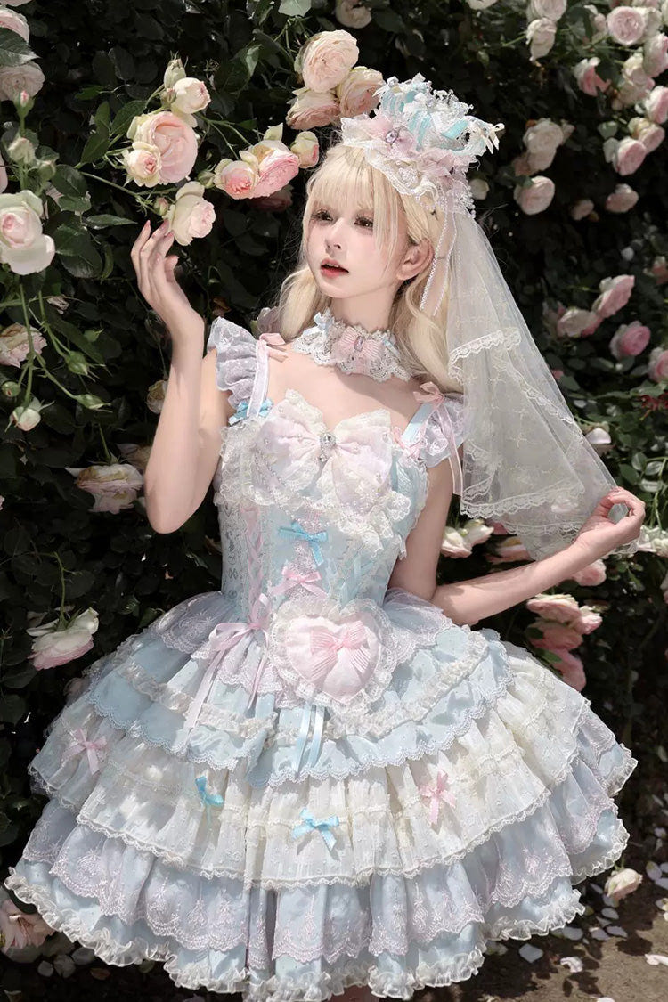 Bkue/Pink [Cloudwhale Dreamweaver] Square Collar Multi-Layered Ruffled Bow Lace Sweet Lolita Jsk Dress - Bkue/Pink - 1