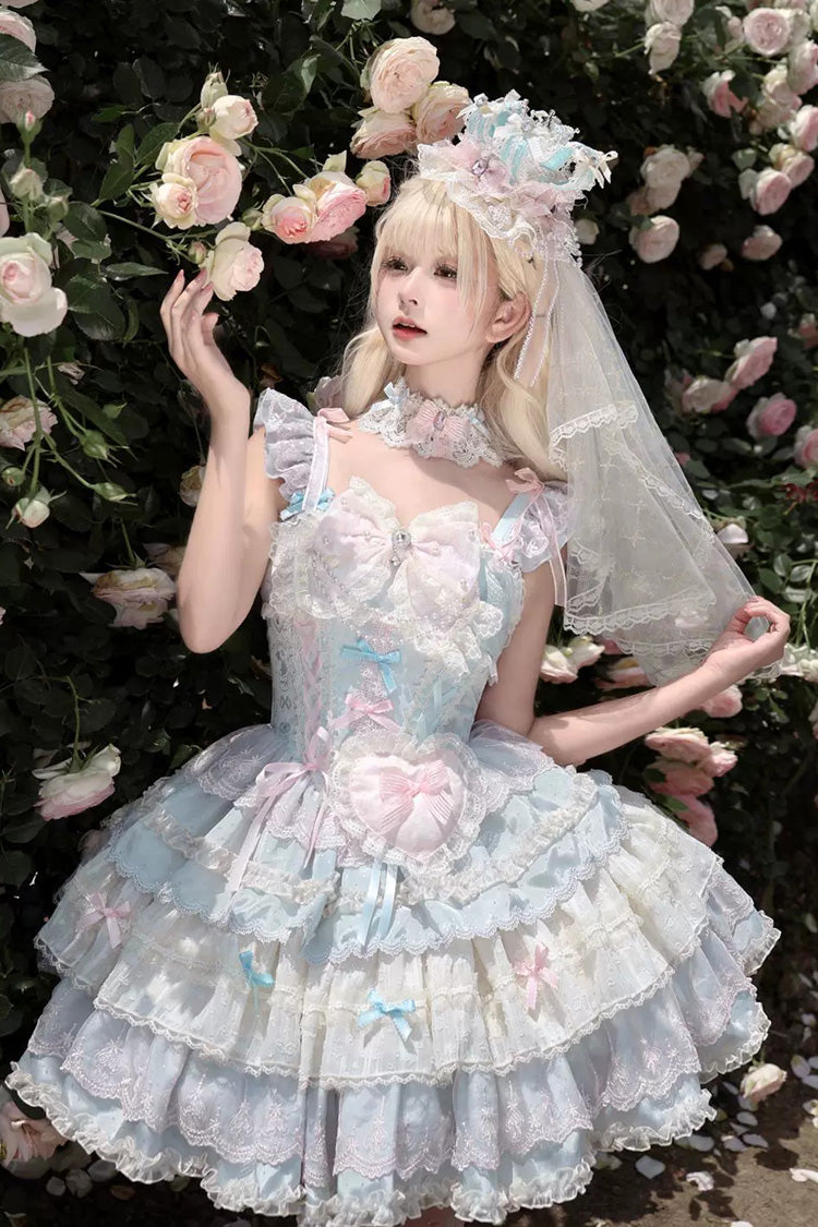 Bkue/Pink [Cloudwhale Dreamweaver] Square Collar Multi-Layered Ruffled Bow Lace Sweet Lolita Jsk Dress - Bkue/Pink - 1