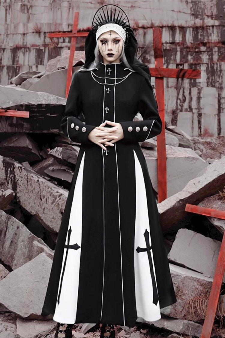 Black [The Trial of a Nun] Cross Print Hollow Cardigan Stitching Gothic Lolita Long Coat - Product - 3