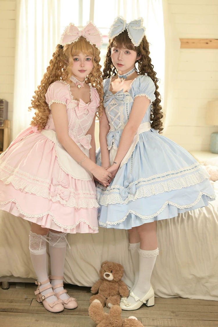Blue [Petal Bunny] Cotton Square Collar Short Sleeves Double-Layered Ruffled Bow Lace Lace-Up Sweet Lolita Dress - Product - 22