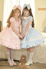 Pink [Petal Bunny] Cotton Square Collar Short Sleeves Double-Layered Ruffled Bow Lace Lace-Up Sweet Lolita Dress - Product - 27
