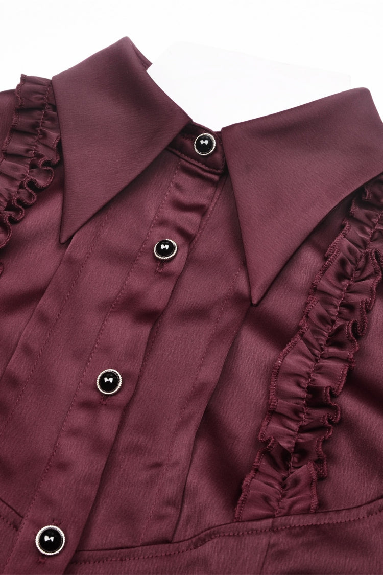 Wine Red Point Collar Short Puff Sleeves Ruffled Women's Gothic Elegant Blouse - Product - 12