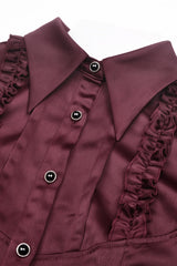 Wine Red Point Collar Short Puff Sleeves Ruffled Women's Gothic Elegant Blouse - Product - 12