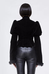Small Stand Collar Flared Princess Sleeve Black Velveteen Short Womens Gothic Jacket - Product - 3