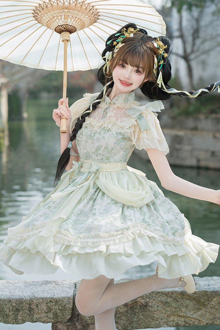 Green Pepper Chiffon Double-Layered Ruffle Bowknot Lace Sweet Chinese Style Lolita Dress - Product - 3