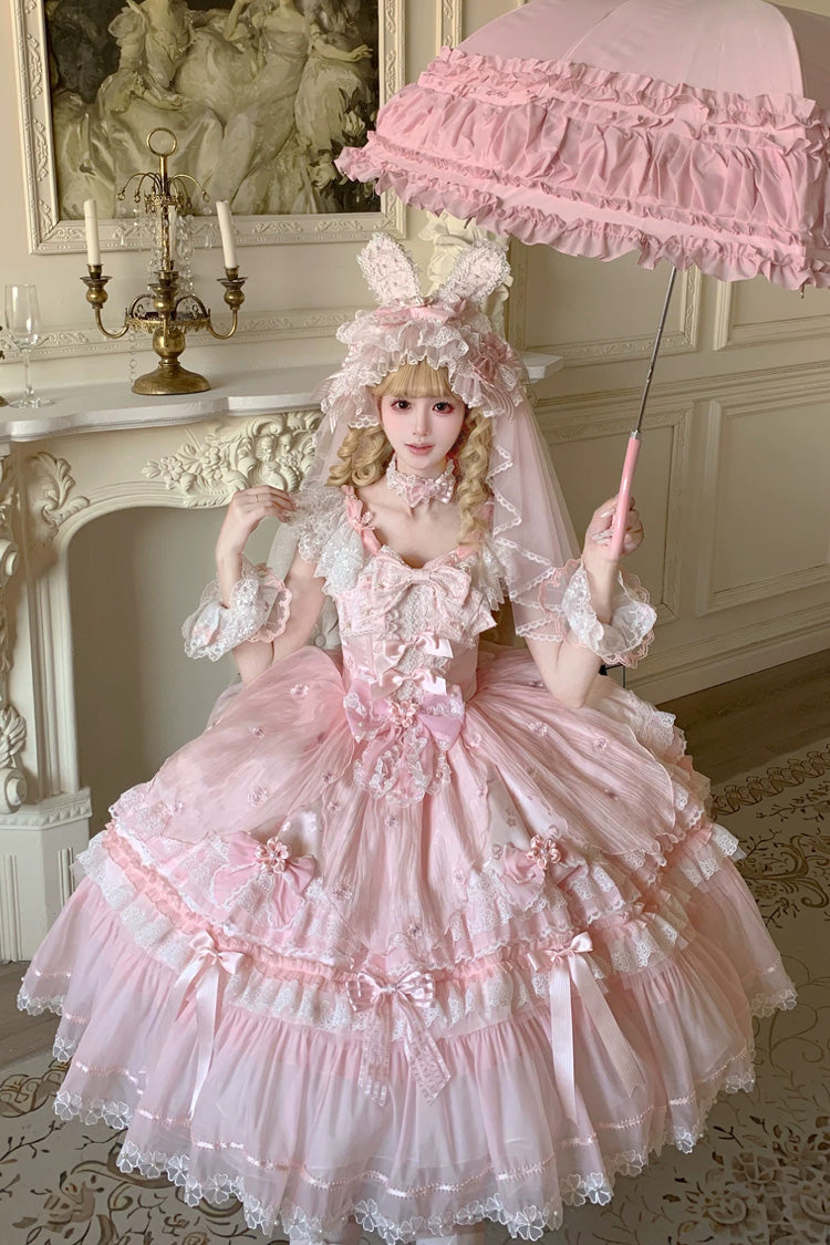 Pink [Sakura Bunny Ballad] Square Collar Flutter Sleeves Jacquard Ruffled Bow Lace Sweet Elegant Luxurious Long Lolita Jsk Dress - Pink(Long-Dress) - 1