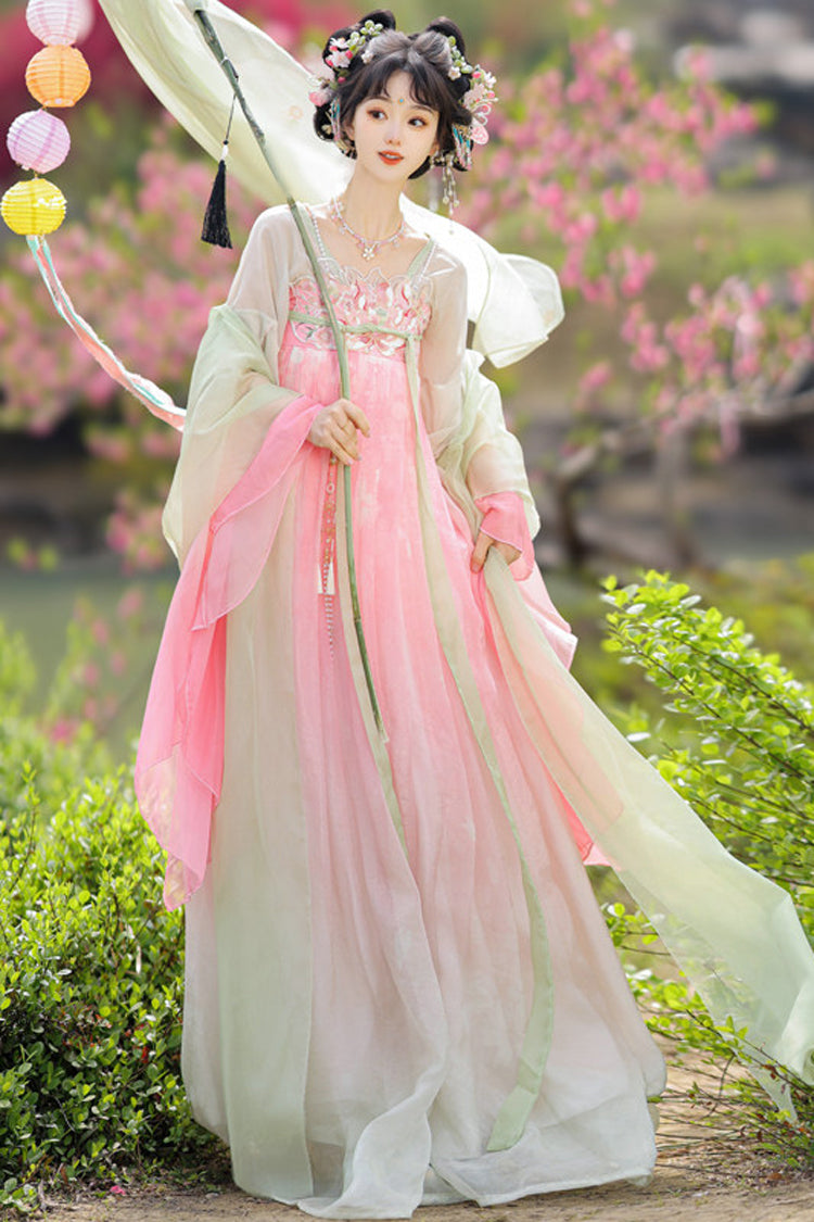 Pink/Green [Spring Awakening] High Waisted Embroidered Women's Sweet Hanfu Dress Set - Product - 3