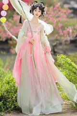 Pink/Green [Spring Awakening] High Waisted Embroidered Women's Sweet Hanfu Dress Set - Product - 3