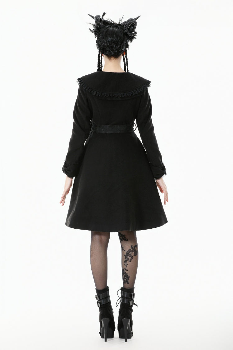 Black Floral Embroidered Peter Pan Collar Long Sleeves Bowknot Women's Gothic Coat - Product - 4