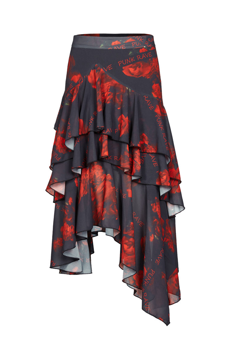 Black/Red Layered Irregular Skirt Pattern Printing Decoration High Waist Chiffon Women's Punk Skirt - Product - 5