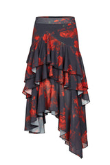 Black/Red Layered Irregular Skirt Pattern Printing Decoration High Waist Chiffon Women's Punk Skirt - Product - 5