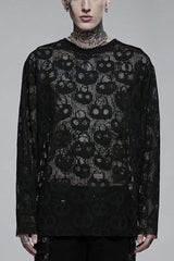 Black Long Sleeves Skull Print Lace Sheer Mesh Men's Steampunk T-Shirt - Black - 1