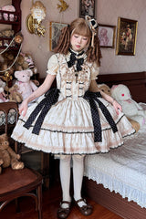 Ivory [Bear’s Holiday] Sleeveless Double-Layered Ruffled Embroidered Bow Sweet Lolita Jsk Dress - Ivory - 1