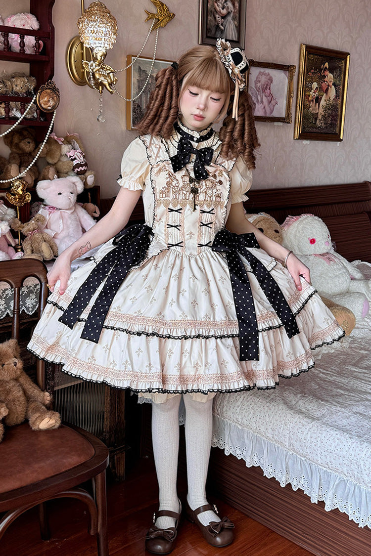 Ivory [Bear’s Holiday] Sleeveless Double-Layered Ruffled Embroidered Bow Sweet Lolita Jsk Dress - Ivory - 1