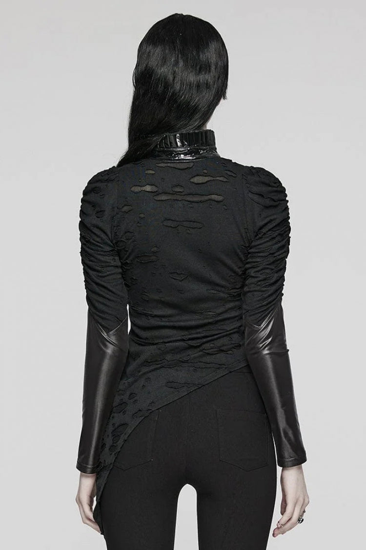 Black Stand Collar Long Sleeves Ruffle Slim Irregular Womens Steampunk T-Shirt - Product - 3