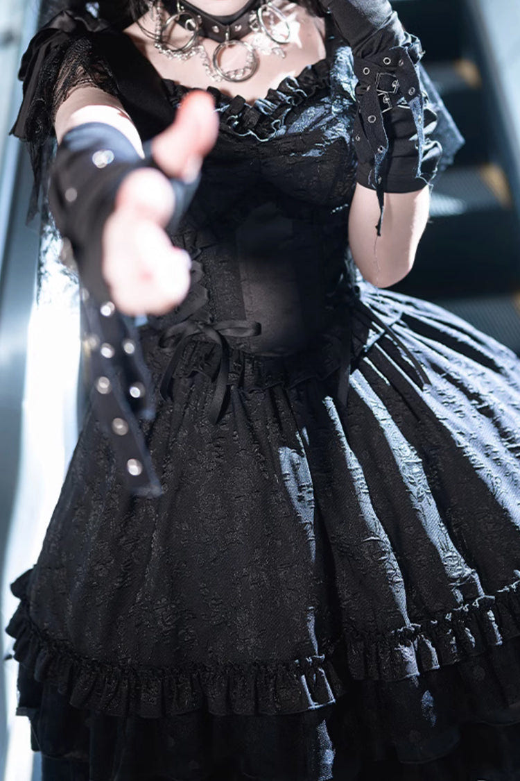Black Lace Flying Sleeves Fish Bone Ruffle Gothic Lolita Dress - Product - 6