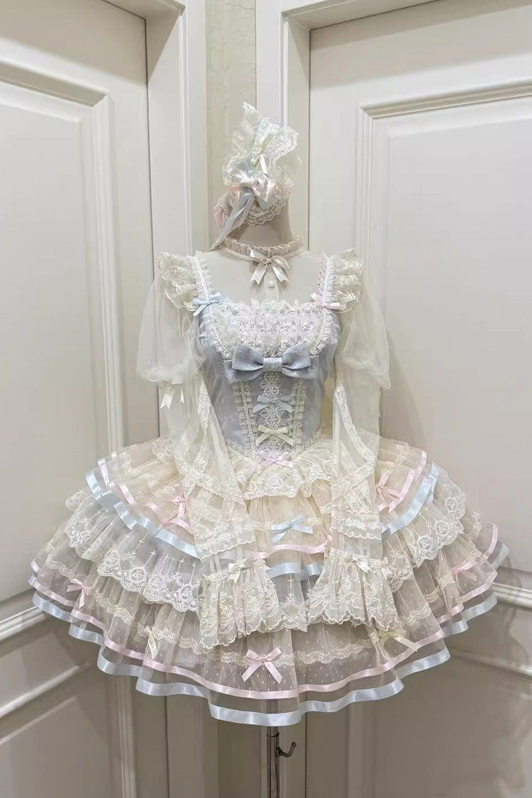 Blue [Butterfly Heart Ballet] Triple-Layered Ruffle Bowknot Lace Sweet Ballet Lolita Jsk Dress - Product - 3