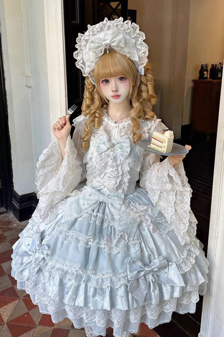 Blue [Dream-Sinking Pearl Veil] Doll-Style Sleeveless Multi-Layered Ruffled Bow Lace Daily Sweet Lolita Dress - Product - 2