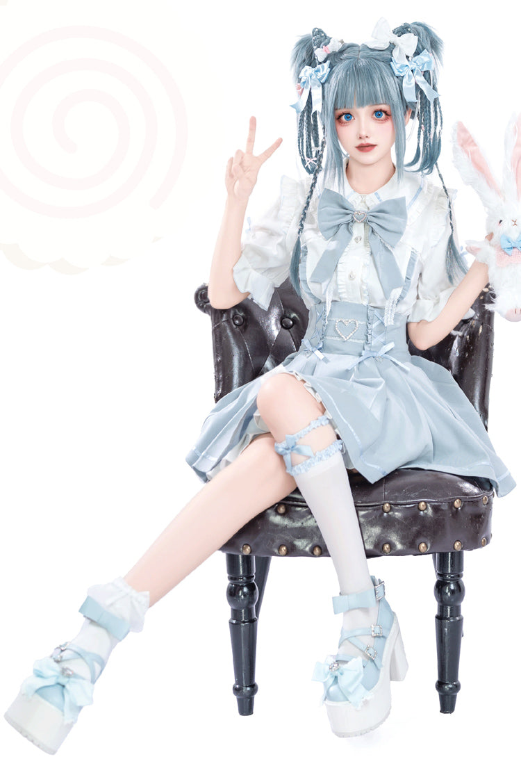 White/Blue Short Sleeves Ruffle Slim Jirai Kei Japanese Skirt Set - Product - 5