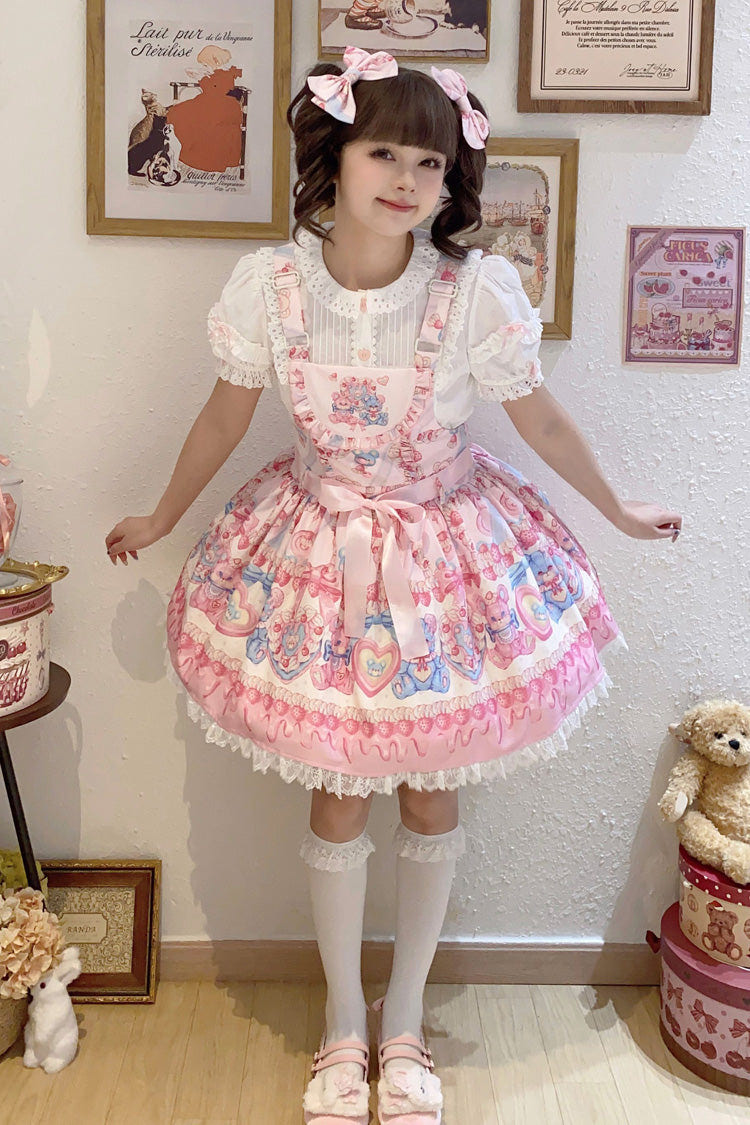 Milky Berry Bear Print Pink Bowknot Stitching Lace Sweet Lolita Strap Dress - Product - 5