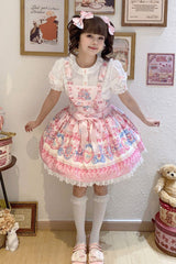 Milky Berry Bear Print Pink Bowknot Stitching Lace Sweet Lolita Strap Dress - Product - 5