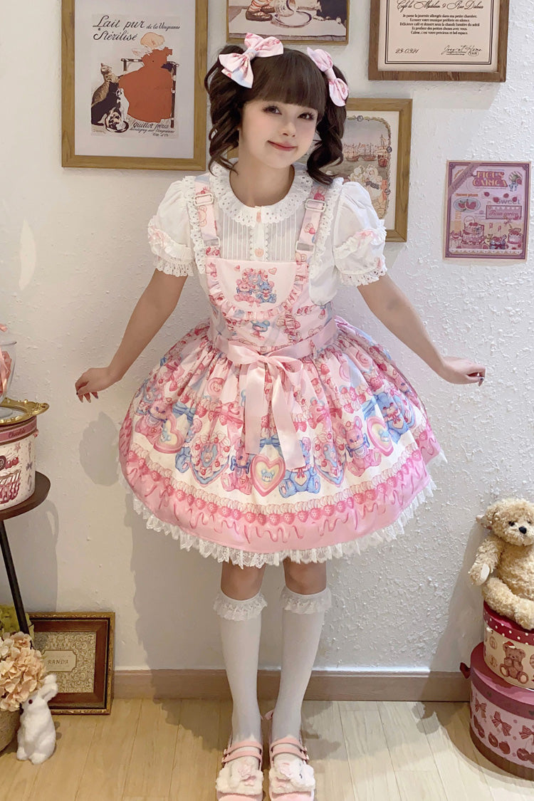 Milky Berry Bear Print Pink Bowknot Stitching Lace Sweet Lolita Strap Dress - Product - 5
