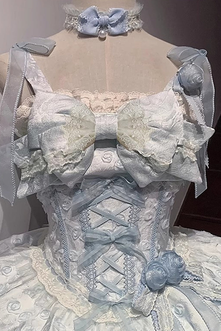Blue [Floral Overture] Double-Layered Ruffle Embroidery Bowknot Lace Sweet Lolita Jsk Dress - Product - 3