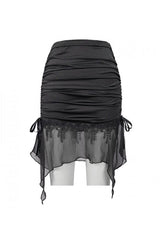 Black Translucent Chiffon Lace Hem Side Lace Up Cover Hip Gothic Swimsuit Fishtail Skirt - Product - 13