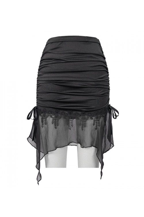 Black Translucent Chiffon Lace Hem Side Lace Up Cover Hip Gothic Swimsuit Fishtail Skirt - Product - 13