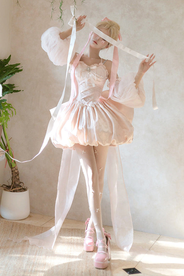 Pink [The Runaway Princess] Sleeveless Ruffle Bowknot Lace-Up Sweet Lolita Jsk Tulip Dress Set - Product - 7