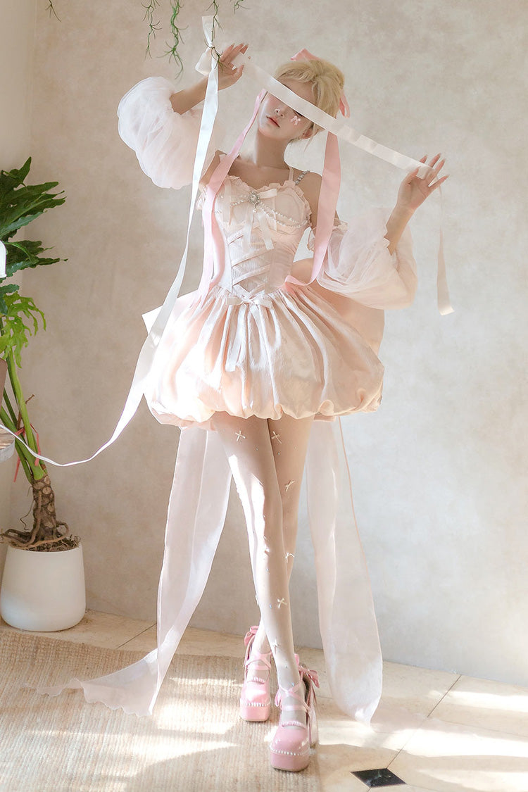 Pink [The Runaway Princess] Sleeveless Ruffle Bowknot Lace-Up Sweet Lolita Jsk Tulip Dress Set - Product - 7