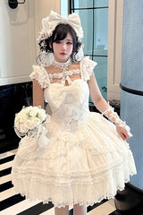 White [Jewelry Love Story] Halterneck Ruffle Hanayome Bowknot Lace Gothic Lolita Dress - Product - 3