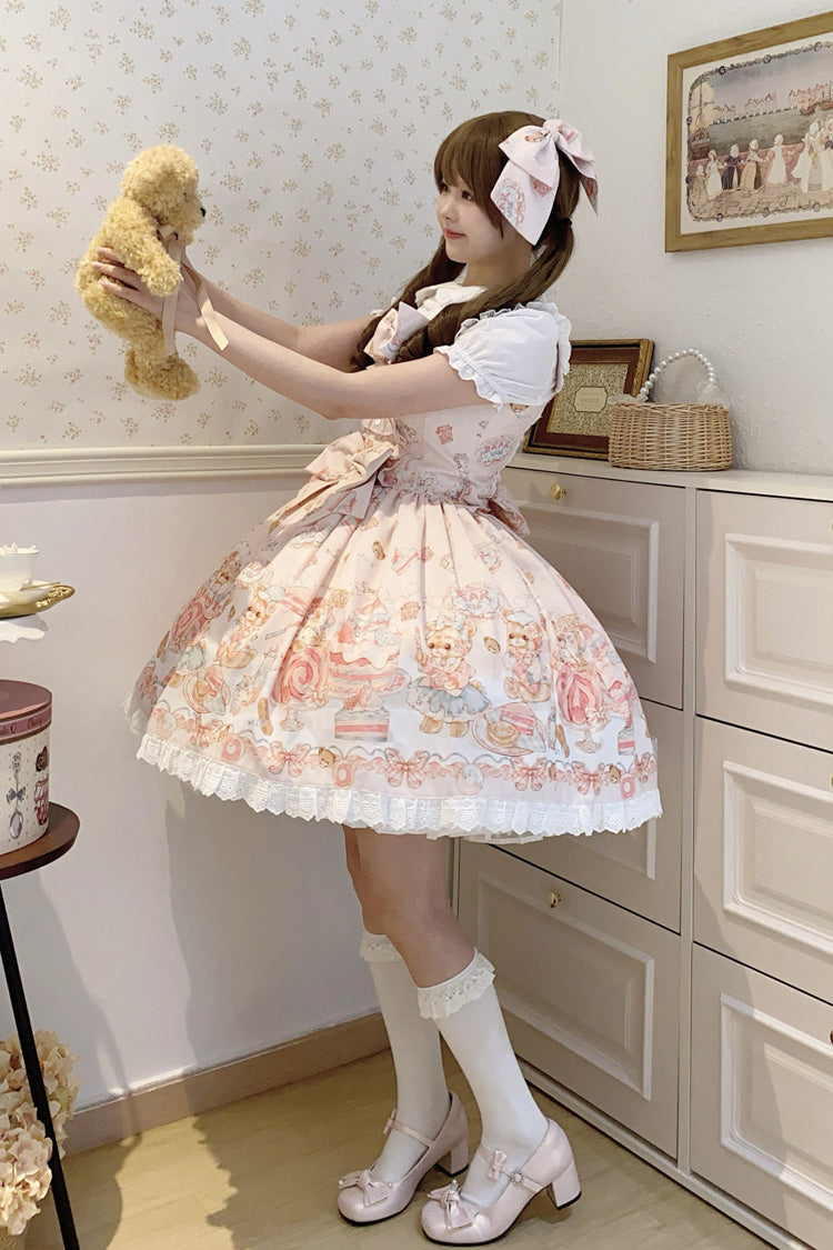 [Berry Dessert Bear] Printed Square Collar Sleeveless Ruffled Bow Casual Sweet Lolita Jsk Dress 2 Colors (Blue, Pink ) - Product - 5