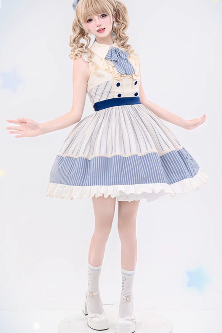 Blue/Ivory Catch The Stars Print Navy Style Sleeveless Ruffle Bowknot Sweet Lolita Dress - Product - 6