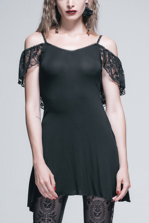 Black Sexy Rose Lace Tassel Back Over Hip Womens Long Gothic T-Shirt - Black - 1