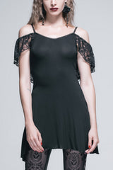 Black Sexy Rose Lace Tassel Back Over Hip Womens Long Gothic T-Shirt - Black - 1