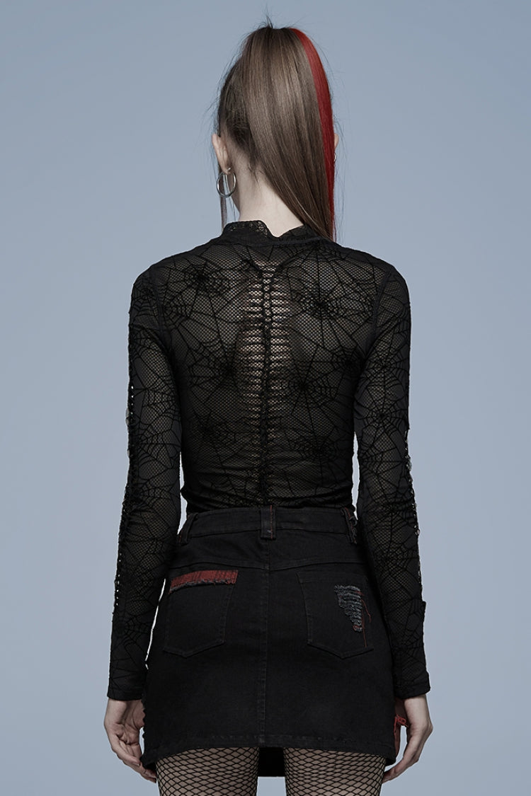 Black Long Sleeves Spider Web Print Hollow Mesh Women's Punk T-Shirt - Product - 3