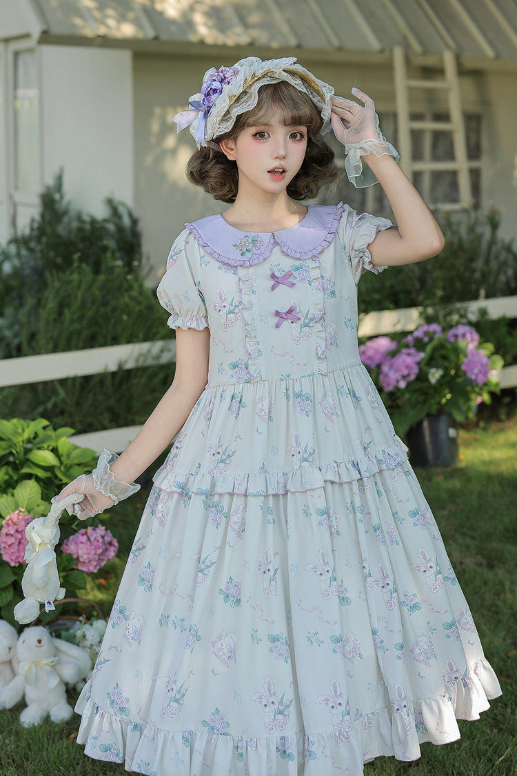 [Breezy Summer Blossoms] Peter Pan Collar Short Sleeves Jacquard Printed Ruffled Embroidered Bow Sweet Lolita Dress 2 Colors (Yellow, Purple) - Purple(Bunny-Printed) - 20