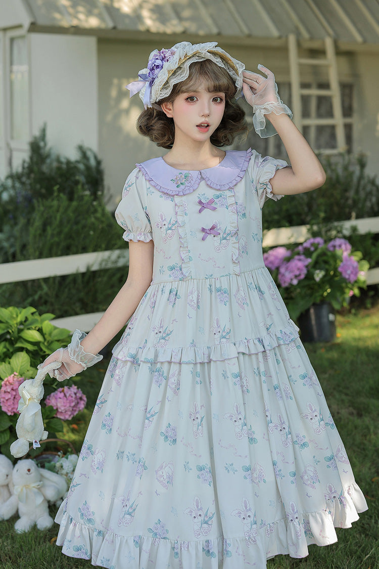 [Breezy Summer Blossoms] Peter Pan Collar Short Sleeves Jacquard Printed Ruffled Embroidered Bow Sweet Lolita Dress 2 Colors (Yellow, Purple) - Purple(Bunny-Printed) - 20