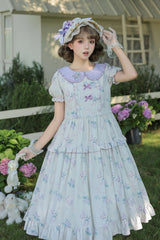 [Breezy Summer Blossoms] Peter Pan Collar Short Sleeves Jacquard Printed Ruffled Embroidered Bow Sweet Lolita Dress 2 Colors (Yellow, Purple) - Purple(Bunny-Printed) - 20
