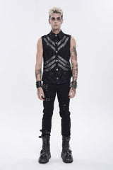 Black Lapel Collar Sleeveless Multi-Layered Printed Tie-dyed Buckled Men's Punk Shirt - Product - 2