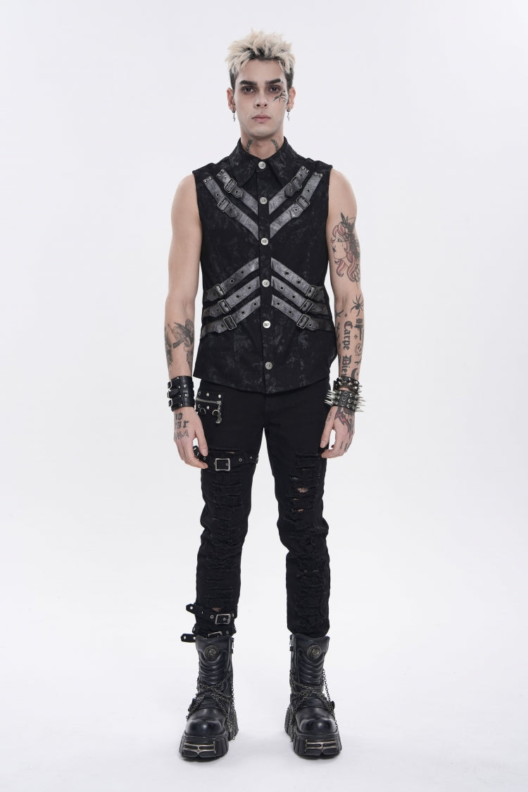 Black Lapel Collar Sleeveless Multi-Layered Printed Tie-dyed Buckled Men's Punk Shirt - Product - 2