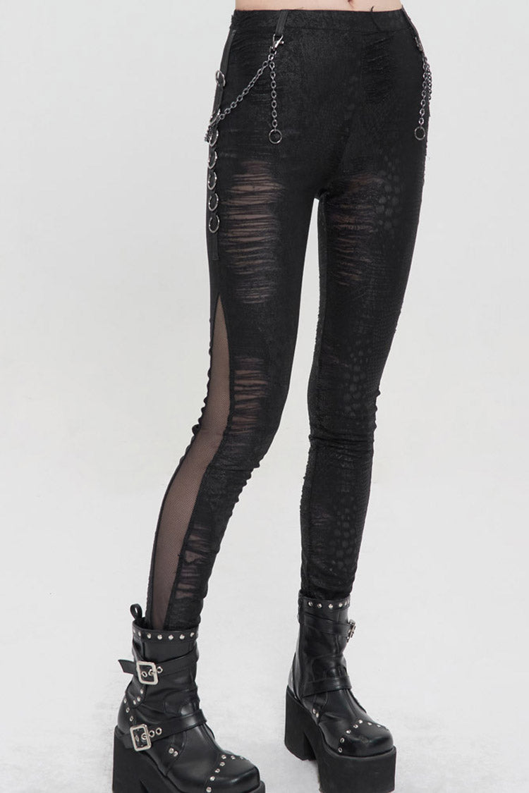 Black Knitted Fabric Detachable Chain Trim Irregular Semi-Perspective Knit Women's Punk Pants - Product - 5