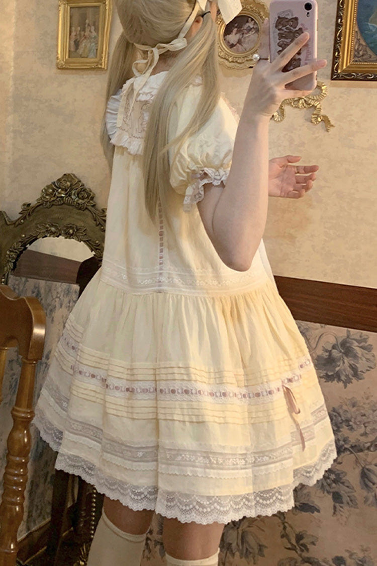 Light Yellow Doll Collar Short Sleeves Little Angel Print Bowknot Lace Sweet Lolita Dress - Product - 10