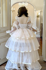 Pink [Mousse Love Song] Off Shoulder Sleeveless Triple-Layered Ruffled Hanayome Bow Sweet Elegant Ballet Lolita Short Dress Set - Product - 6