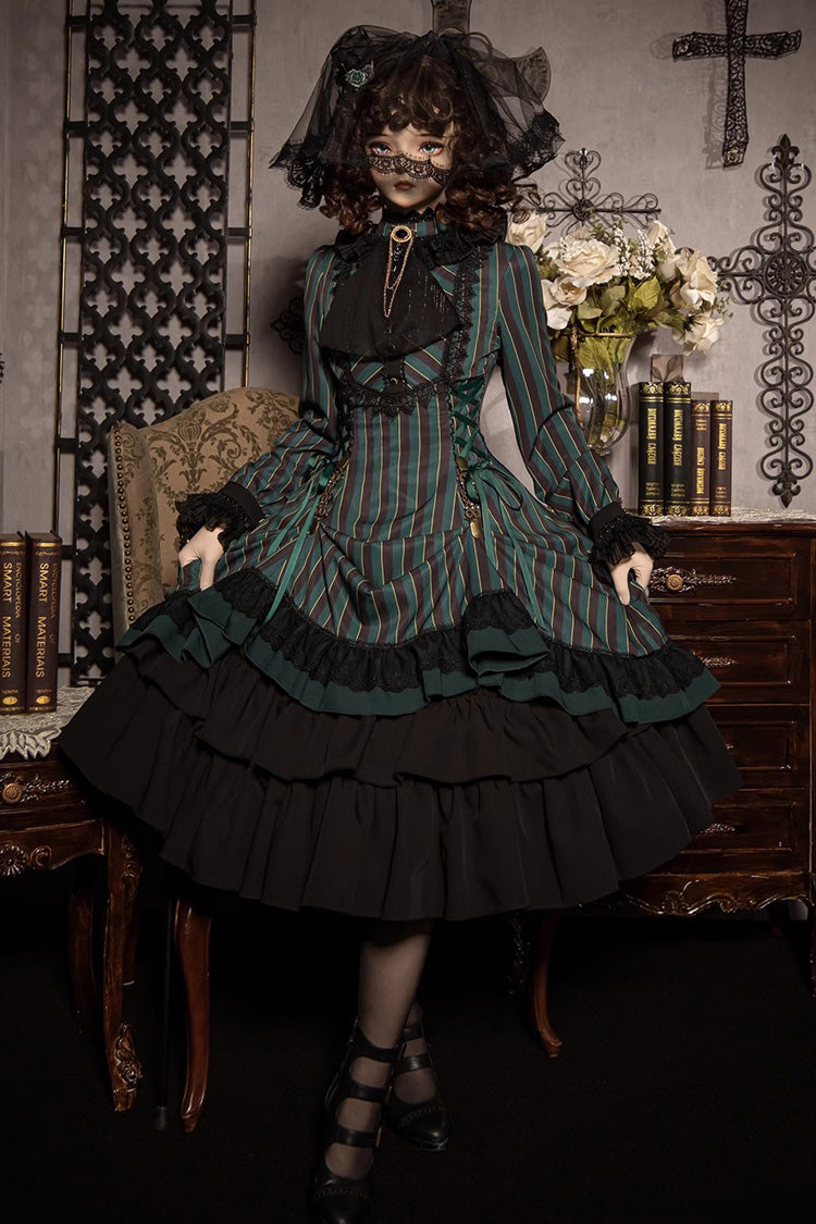 Point Manor Stand Collar Long Sleeves Multi-layer Striped Print Ruffle Gothic Lolita Dress 4 Colors - Green - 1