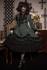 Point Manor Stand Collar Long Sleeves Multi-layer Striped Print Ruffle Gothic Lolita Dress 4 Colors - Green - 1